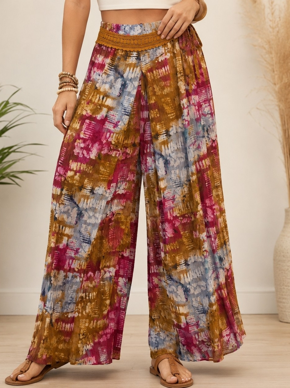 Wide-Leg Tie-Dye Print Palazzo Pants in Mustard & Pink